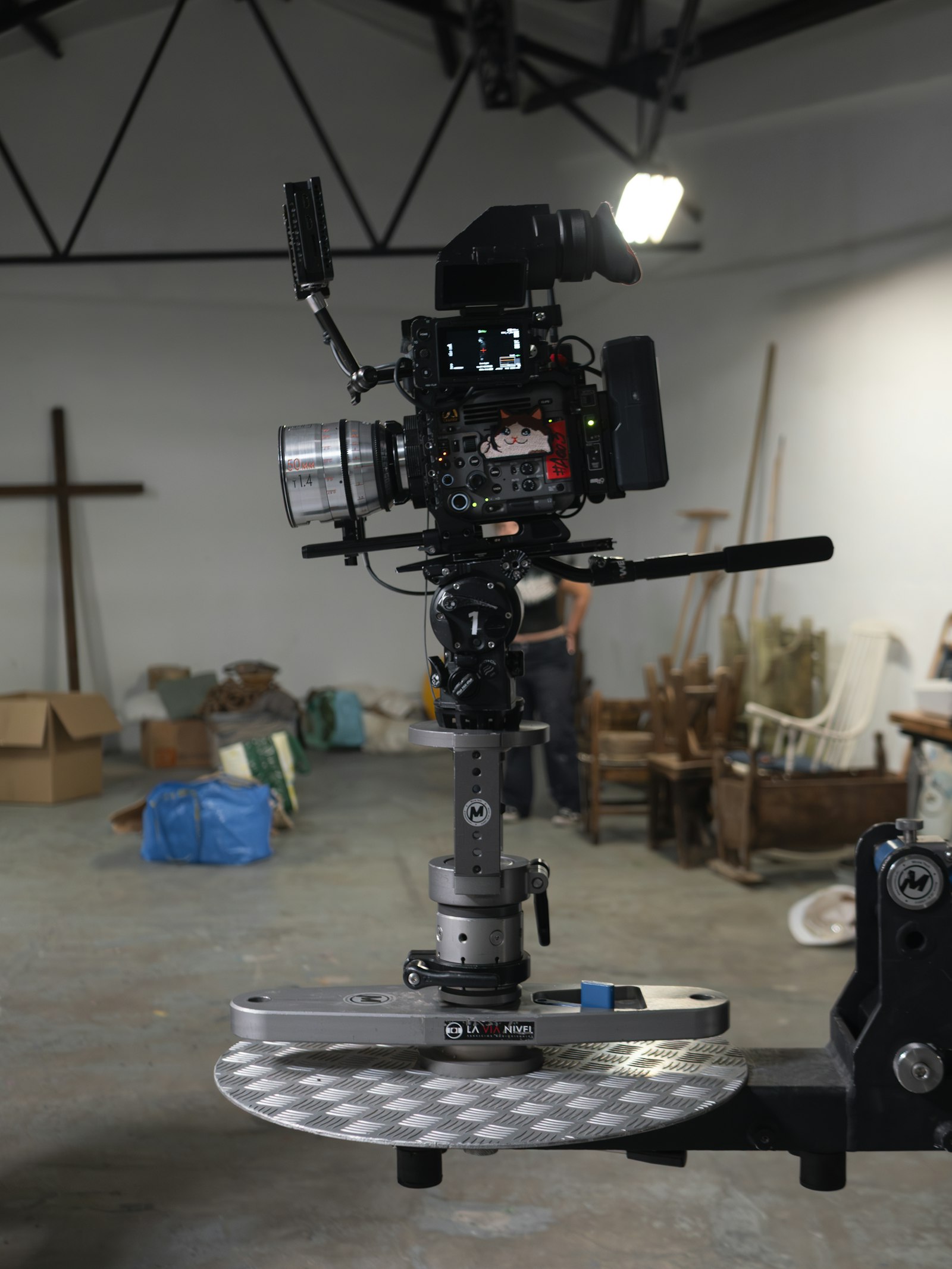 Cinema camera mounted on a stabilising rig